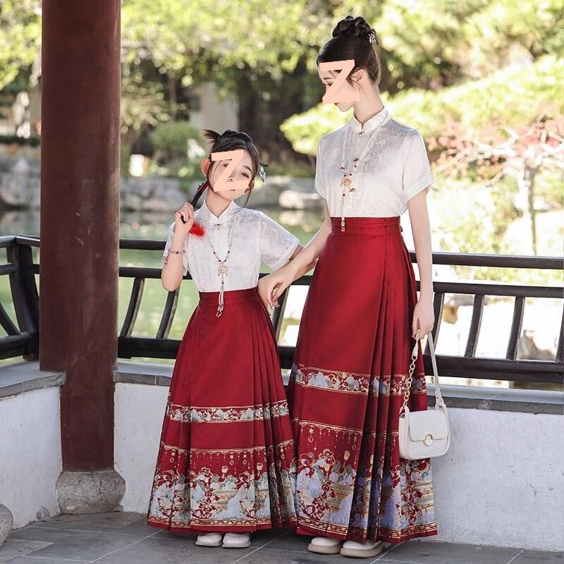 馬面スカート親子着用母娘スーツ 2025 新しいハイエンド漢服女の子国民風子供古代スタイル唐スーツ夏|undefined