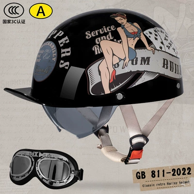 Half Helmet Battery Car Men's Motosiklet kaskı (dəbilqə) - glossy-black-poker-decal-goggles