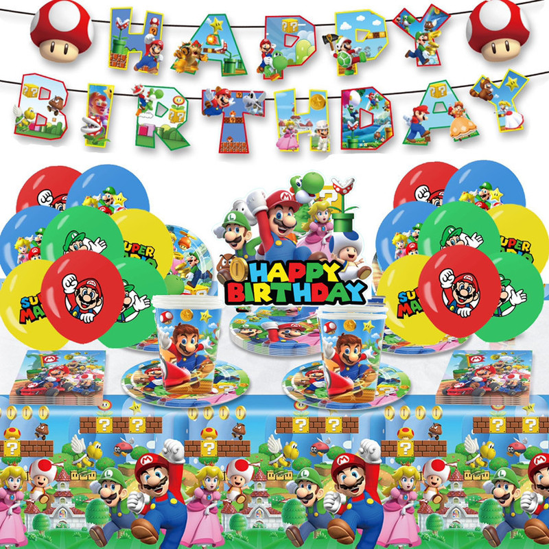 Amazon New Mario Theme Birthday Party Tableware Paper Tray Paper Cup Flag Decoration Arrangement Supplies