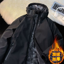 加绒美式冲锋衣外套男秋冬季连帽黑色户外大码防水防风潮流休闲
