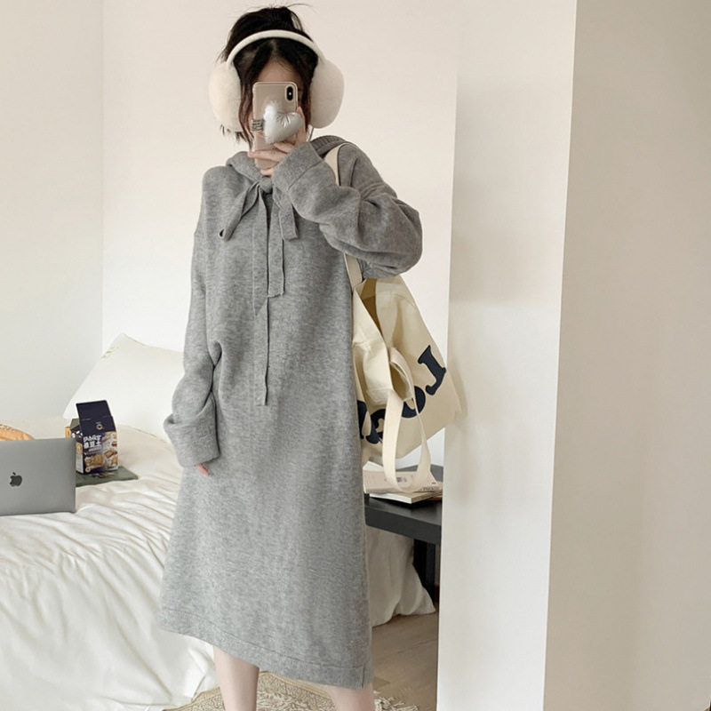 韩版宽松连衣裙女秋冬季加厚连帽针织衫洋气毛群打底衫毛衣裙外套