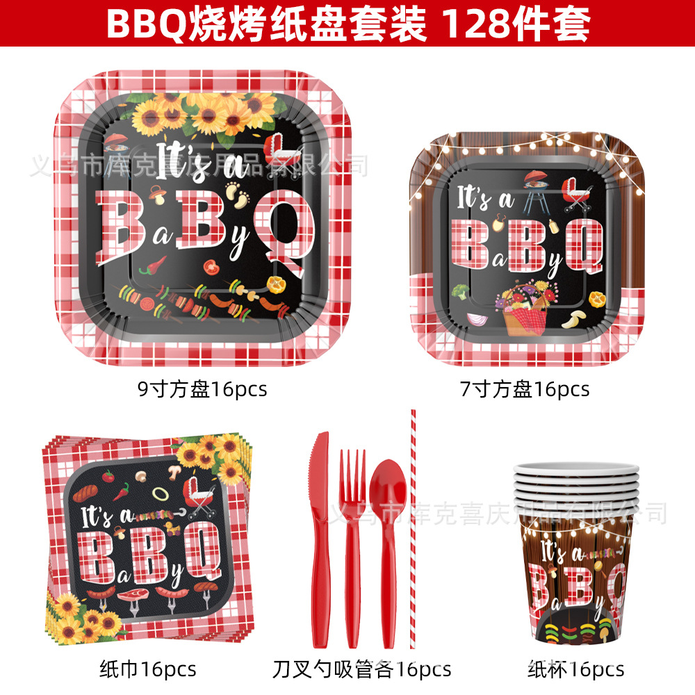 Juego de bandeja de papel de fiesta BBQ de 128 piezas