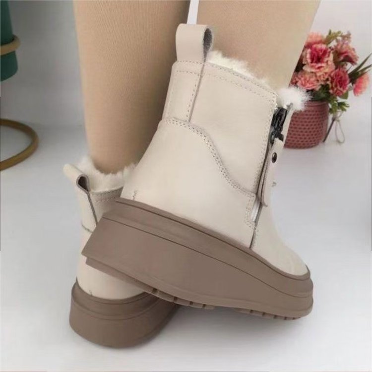 ShoeGlobe Thick-Soled Leather Waterproof Snow Boots For Women, Fleece-Lined, Thickened, Non-Slip, Warm, Height-Increasing Cotton_voghion.com