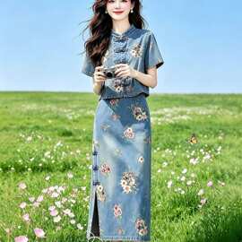 牛仔中式印花套装裙女2026新款国风夏季复古盘扣上衣两件套半身裙