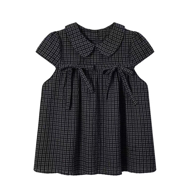 Retro Style Doll Collar New Summer Top Black Plaid Casual Sweet Shirt Trendy Artistic Short Sleeve Retro Style Doll Collar New Summer Top Black Plaid Casual Sweet Shirt Trendy Artistic Short Sleeve