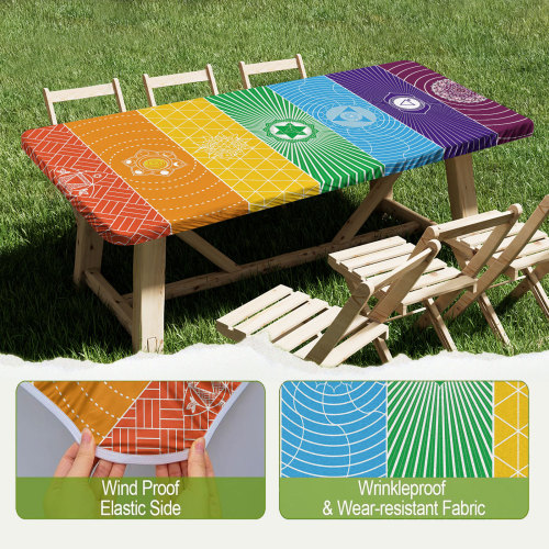 A geometric pattern windproof and dustproof tablecloth cover for dining table, picnic table, outdoor table, all-around elasticized edge