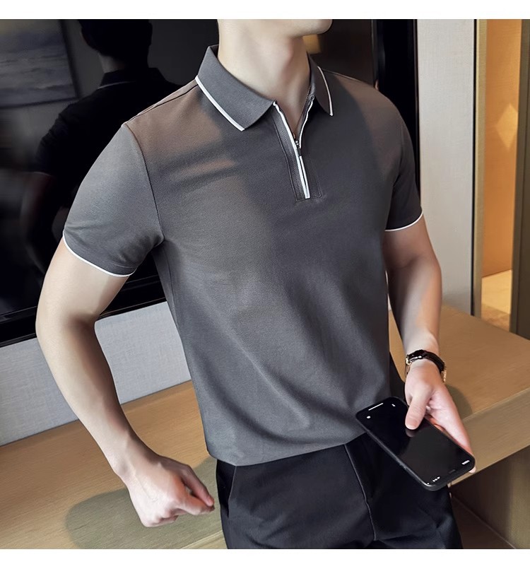 "Men's Slim-Fit Zip Polo Shirt – Breathable Cotton Short Sleeve With Embroidered Detail, Business Casual Summer Top (3 Colors, Sizes M-XXXXL)"_viptrois.com