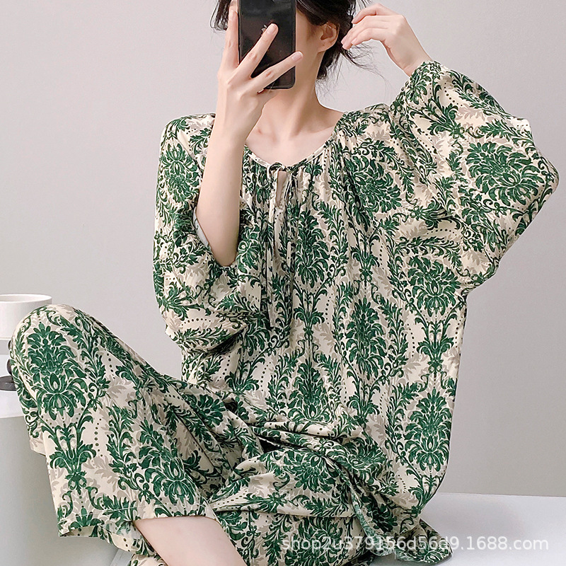 綿シルクパジャマ女性の夏の長袖クール肌に優しい通気性綿シルクホーム服空調服スーツ春と秋の薄いスタイル|undefined