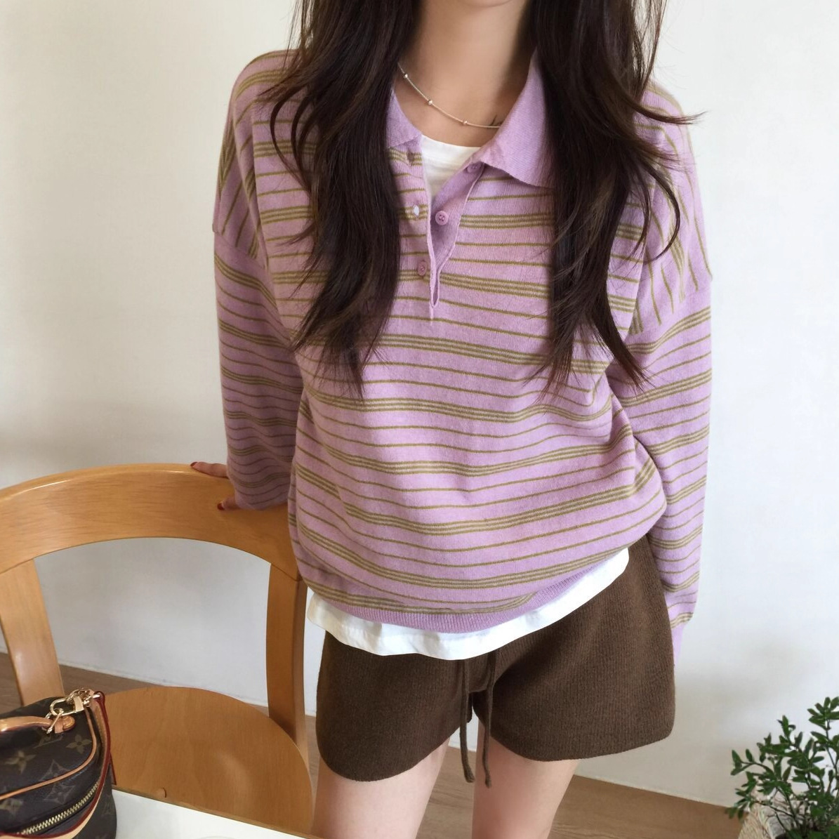 韩国代购2025早秋新款复古条纹长袖polo领针织衫女韩系毛衣