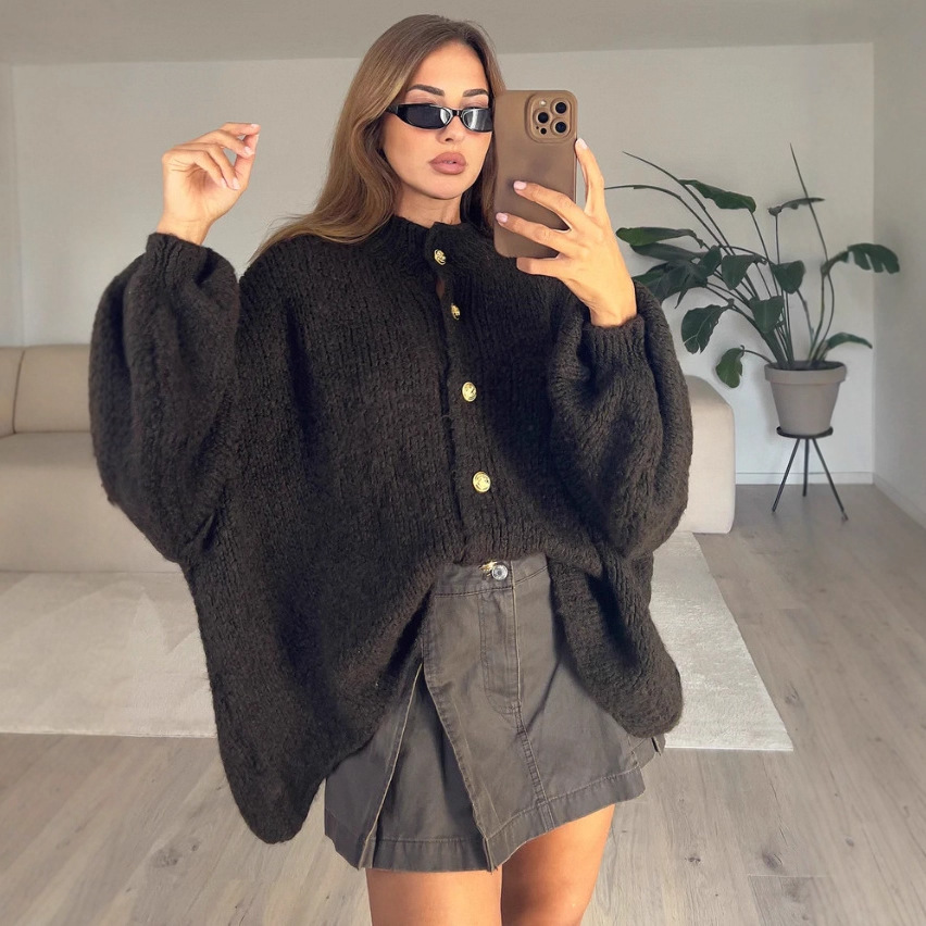 Amazon cross-border e-commerce new autumn and winter coat top solid color knitted cardigan women's round neck casual loose thick sweater