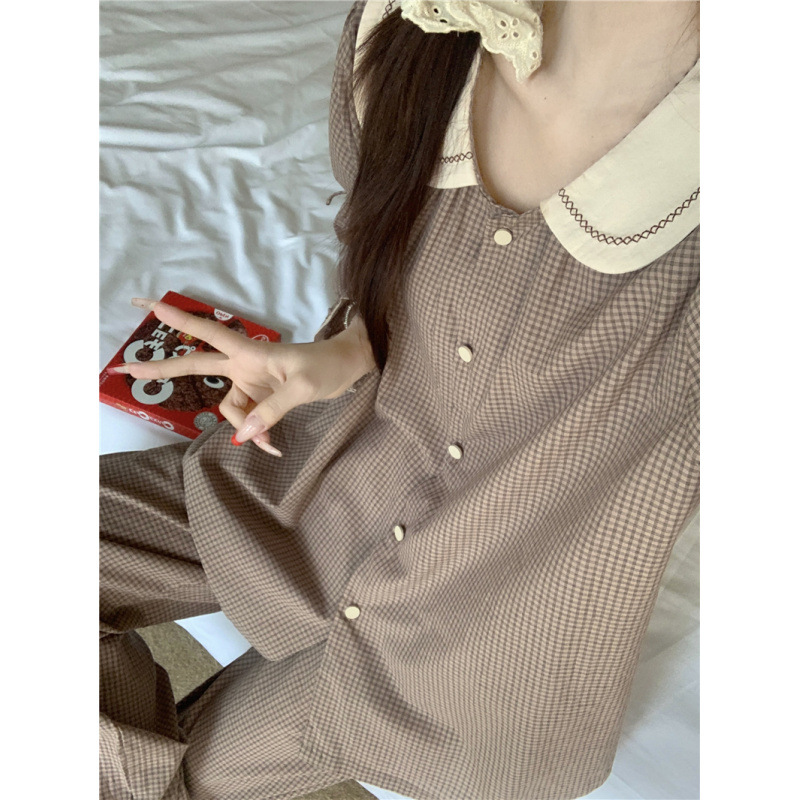 Cloud Cotton Chanel Style Pajamas Women's Spring and Autumn Plaid Sweet Girl's Home Clothes Long Sleeve Trousers suit Pastoral Style
