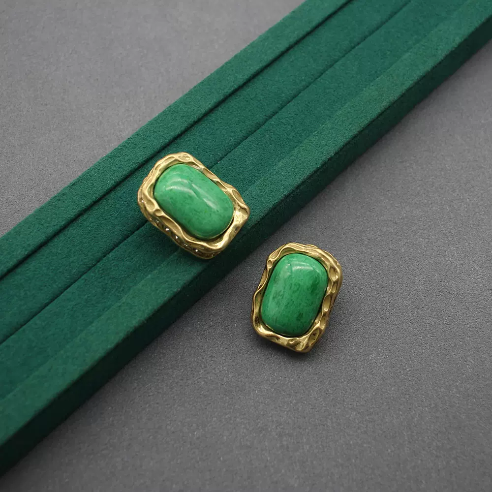 中古款925银针耳钉方形女气质绿色石头时尚简约高级耳饰耳拍
