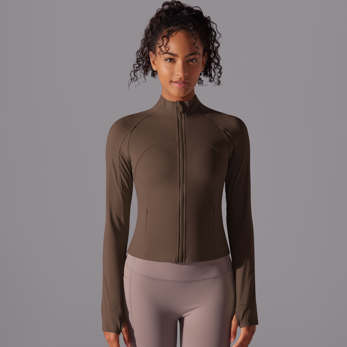Nuevo color sólido de collar largo con cremallera de manga larga chaqueta molida apertada deportiva para correr ropa de yoga para mujeres