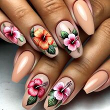 WM-231热情扶桑花假指甲短T欧美辣妹花朵花卉植物穿戴甲甲片批发