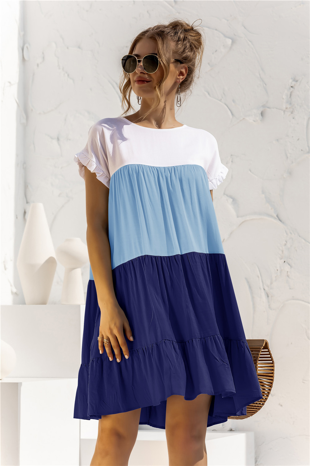 Women's Tiered Skirt Fashion Round Neck Patchwork Short Sleeve Color Block Above Knee Daily display picture 31