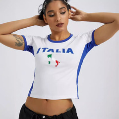 速賣通球衣通勤街頭歐美性感辣妹T恤女字母刺繡露臍上衣外女上衣