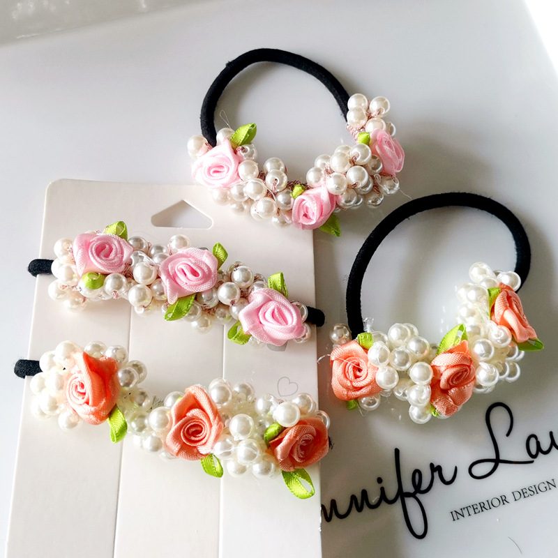 Korean Fashion Pearl Hair Rope Internet Celebrity Hair Accessories Female Fabric Roses Ponytail Head Rope Updo Elastic Rubber Band