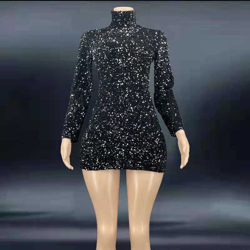 Sparkling Black Sequins Plus Size Dress Party Mini Dress Ladies Club Bar