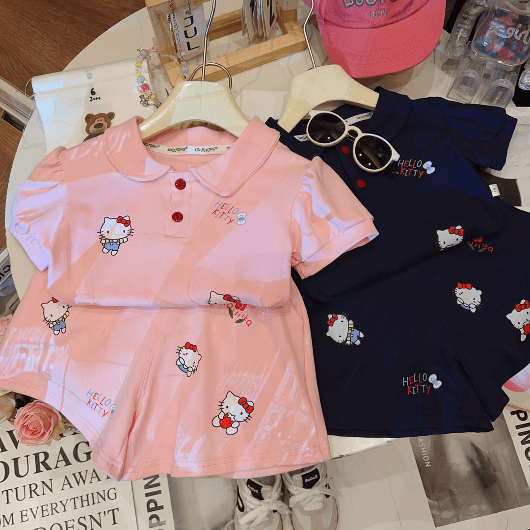 Girls' Short-sleeved T-shirt Polo Shirt suit Summer Cartoon Korean Style Children's Baby Sports Casual Shorts Pure Cotton