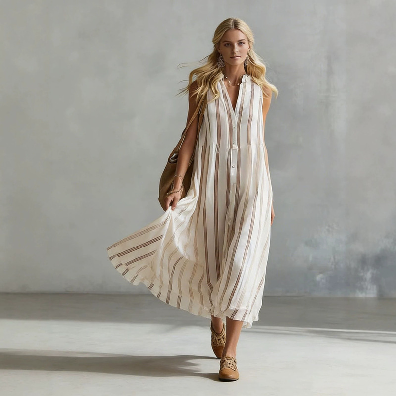 European and American Cross-Border Aliexpress Shein New Product Long Dress Bohemian Style Elegant Striped Sleeveless V-Neck Dress for Women