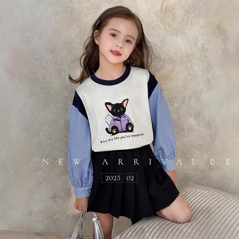 Trendy Girls' Color-Block T-Shirt 2026 Spring New Style Children's Patchwork Long-Sleeve Shirt Parent-Child Clothing