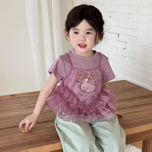 Korean Girls' T-shirt suit 2025 Summer New Girls KT Short-sleeved T Children's Mesh Sling Top Baby T