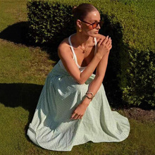 2025跨境欧美INs速卖亚马逊热卖格子清新连衣裙半身浅绿蓬蓬裙