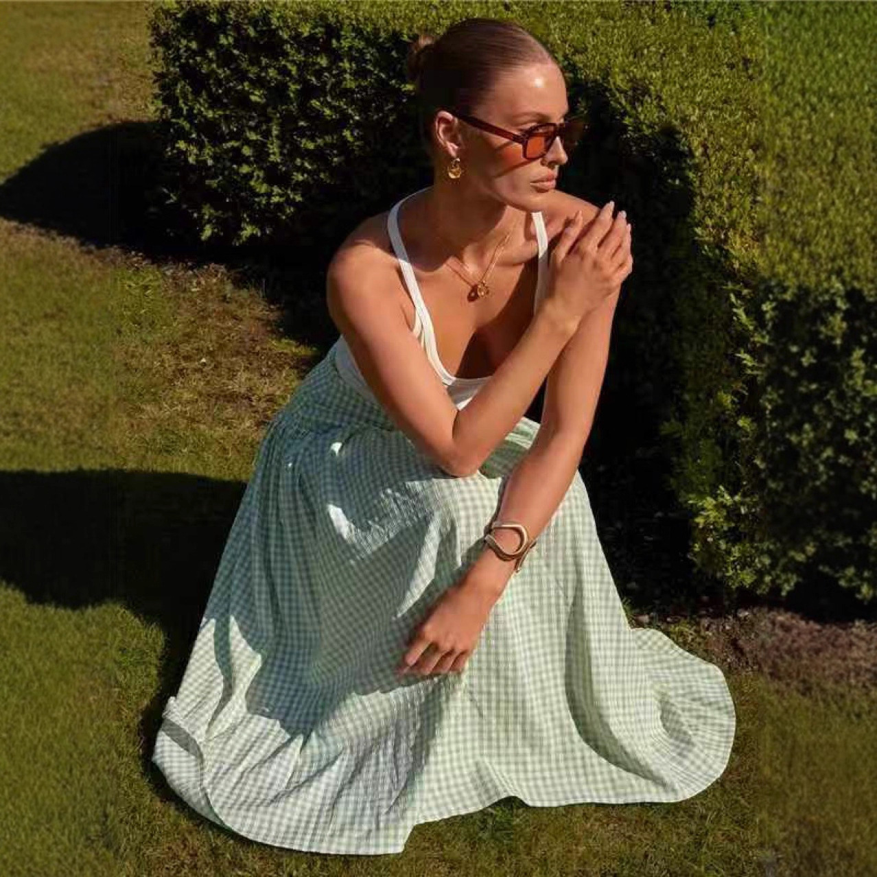 2025跨境欧美INs速卖亚马逊热卖格子清新连衣裙半身浅绿蓬蓬裙