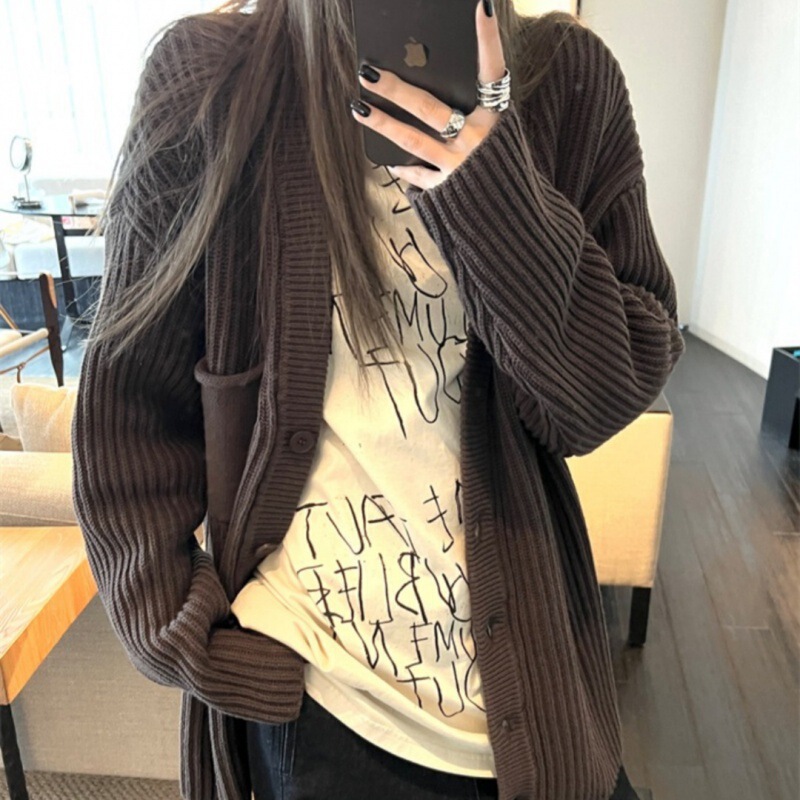 2025 K-Style of New Chocolate Color Spring, Autumn and Winter Versatile Lazy Sweater Jacket Women's Loose Knitted Cardigan Autumn and Winter