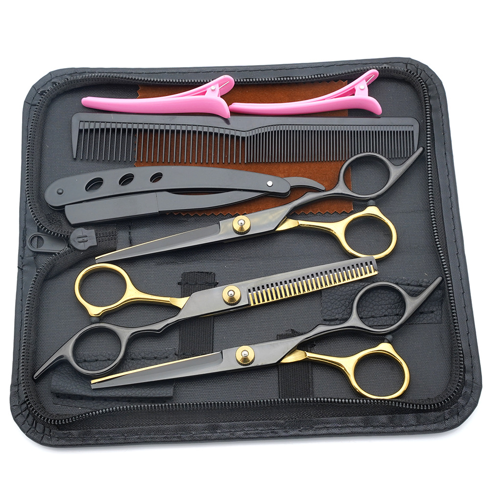 Tijeras de peluquería de 6 pulgadas, negras y doradas, con mango inclinado y de alta calidad, juego de tijeras de peluquería al por mayor para cortar el cabello.