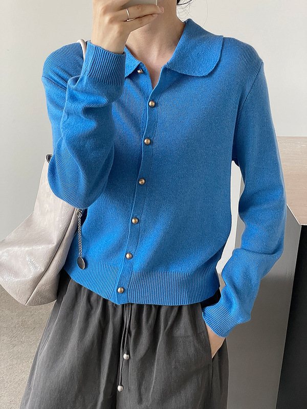 滔川   韩系简约双翻领小金扣长袖针织衫女25秋显瘦气质开衫YL566|undefined