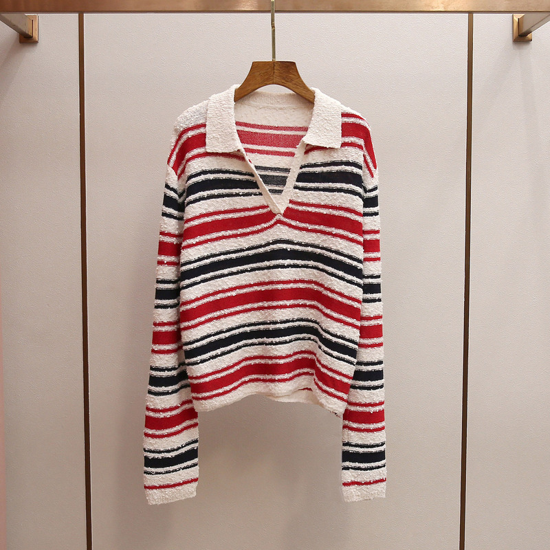 Shenzhen Nanyou High-End Women's Clothing Spring New French Casual Style Color-Blocking V-Neck Loose Long-Sleeve Striped Knit Sweater
