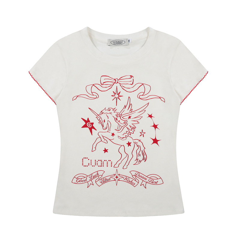 2026 Summer New Style American Retro Unicorn Embroidered Lace Shoulder-Length Short-Sleeved T-Shirt Women's Round Neck Short Top