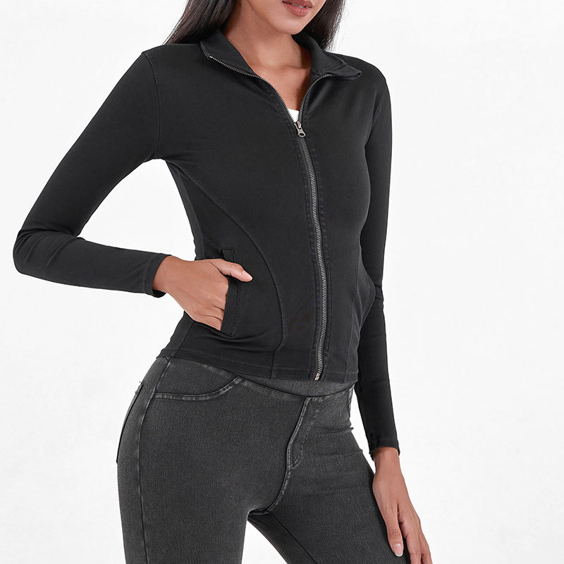 Cross-border nuevo punto Denim cremallera chaqueta de yoga mujeres adelgazamiento apretado de cuello alto doble bolsillo fitness ropa de abrigo superior