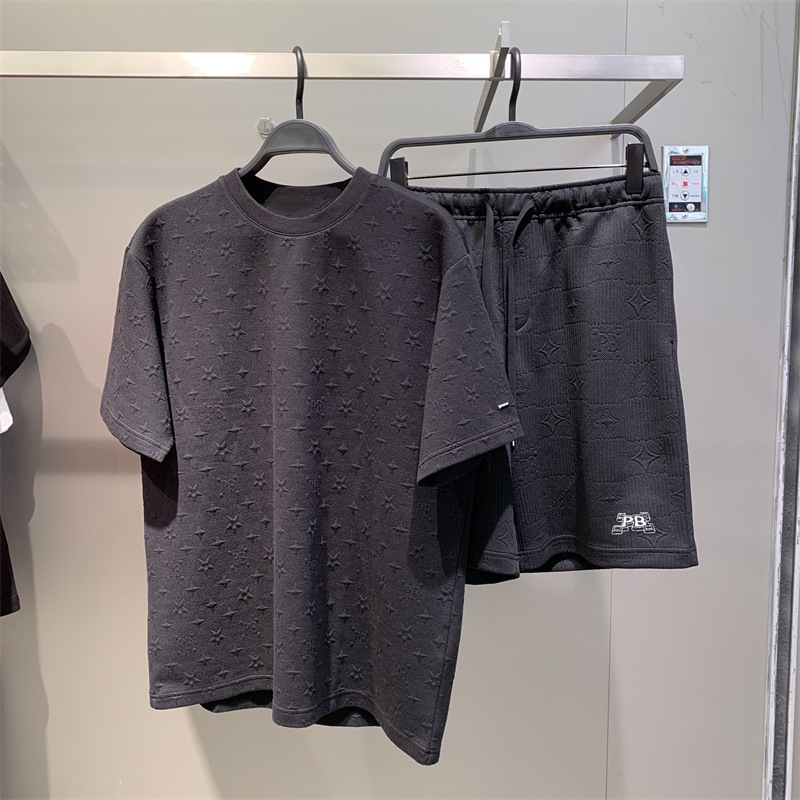 Bird element summer new black covered jacquard embroidery five-pointed star round neck Korean leisure sports suit men