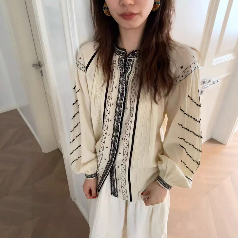 French Long-Sleeved Shirt for Women in Autumn and Winter, Bohemian Style Embroidered Lace Splicing, Versatile Loose Shirt Top