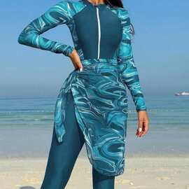 跨境防晒长袖连体泳衣保守拉链潜水服长裤冲浪服欧美外贸泳装浮潜