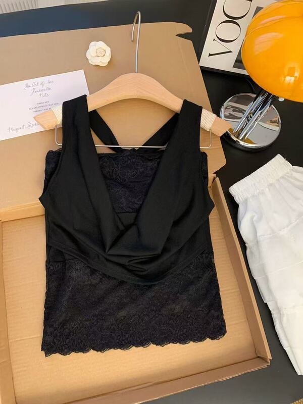 实拍蕾丝抹胸流苏下摆无袖背心绣花美背带胸垫内加防滑带修身上衣|undefined