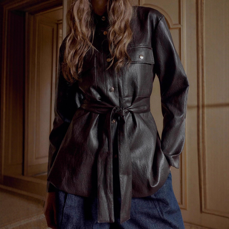 Autumn and Winter New Women's American-Style Lapel Long-Sleeve Jacket with Belt, Pu Faux Leather, Long Fashion Elegant Coat Trendy