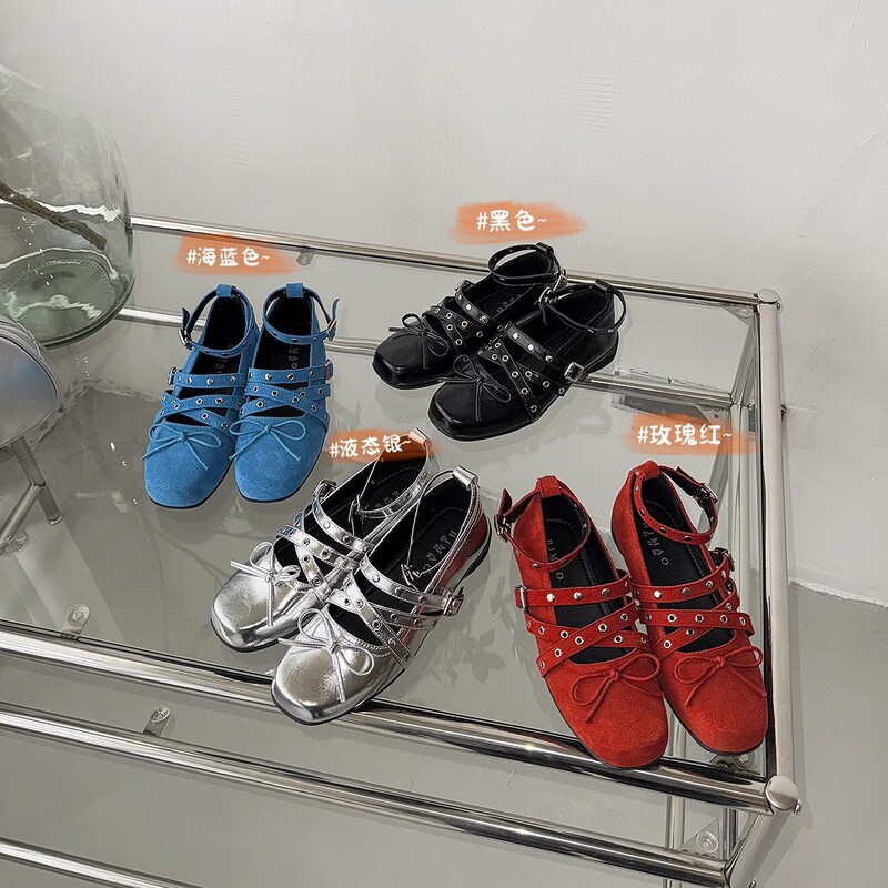 In Stock~ Genuine Leather 5cm Height-Increasing Silver Square-Toe Ballet Shoes for Women, Shallow Mouth Bow-Knot Mary Jane Shoes In Stock~ Genuine Leather 5cm Height-Increasing Silver Square-Toe Ballet Shoes for Women, Shallow Mouth Bow-Knot Mary Jane Shoes