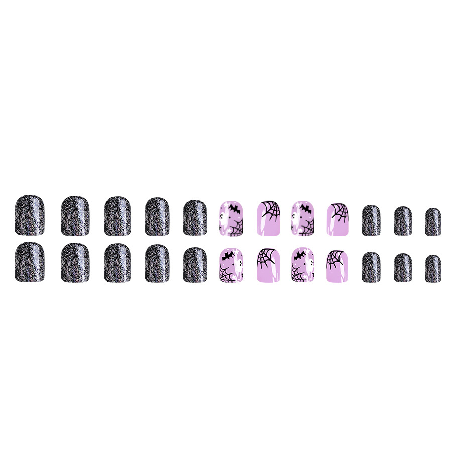 Short Glitter Halloween Glitter Nail Pieces Black Cobweb Bat Cute White Ghost Nail Patch 24 Pieces_voghion.com