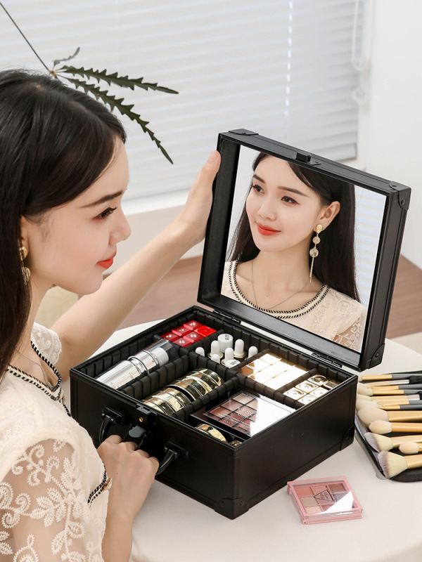铝合金化妆箱多功能大容量收纳箱化妆师专用手提式工具箱镜面设计|undefined