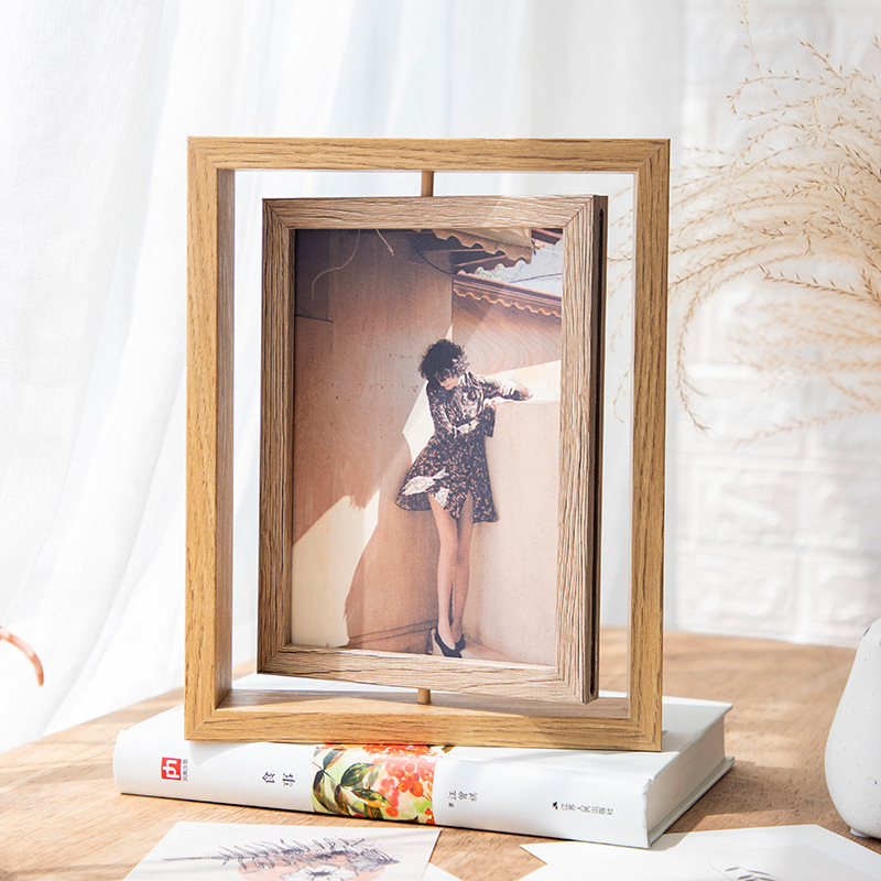 Double-sided rotating photo frame creative rotating Nordic photo frame table living room wooden photo rack wholesale 6 inch rotating photo frame