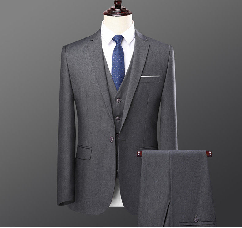 Bộ vest nam hai mảnh dáng ôm, áo vest cổ bẻ phẳng một hàng cúc, lễ phục cưới và đi làm — Bộ áo và quần một cúc màu xanh navy, Bộ đồ hai cúc màu xanh tím than (áo + quần), Bộ đồ hai cúc màu xám (áo + quần), Bộ đồ màu xám một cúc (áo + quần) chi tiết 15