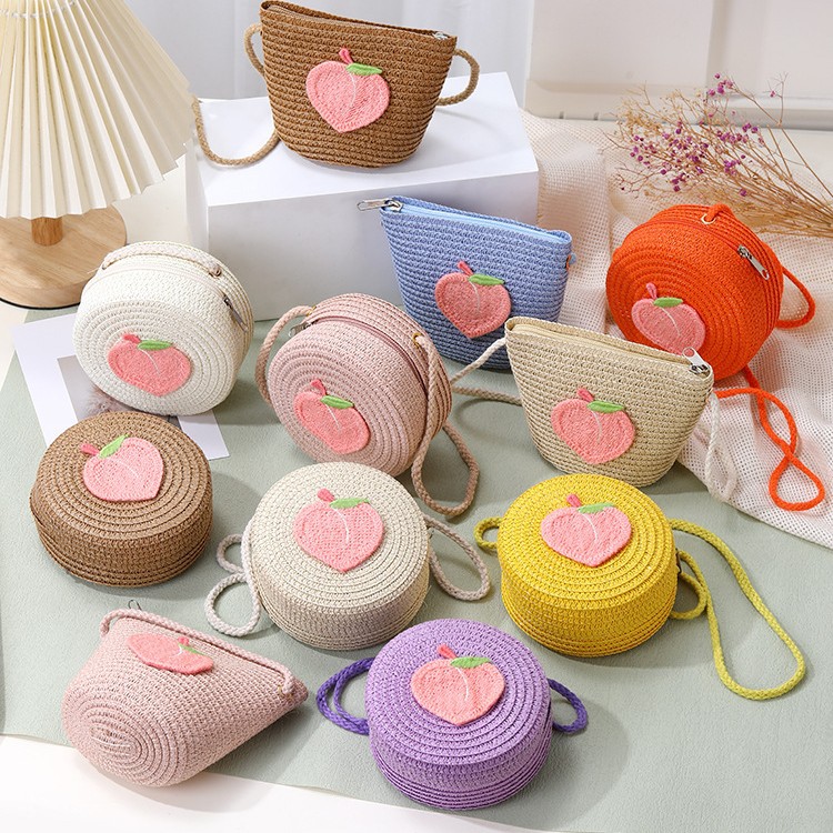 Summer Straw Bag Woven Bag Crossbody 2025 New Style Little Girl's Seaside Bag Girl's Cute Peach Straw Bag