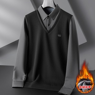 Autumn and winter men's trendy plus size fleece-lined fake two-piece stretch casual fashion brand men's fleece-lined polo shirt sweater