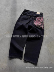跨境外贸美式复古刺绣个性街头潮流阔腿休闲百搭牛仔裤嘻哈长裤