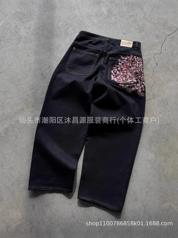 跨境外贸美式复古刺绣个性街头潮流阔腿休闲百搭牛仔裤嘻哈长裤|undefined