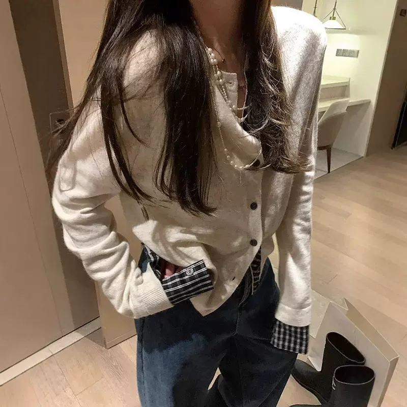 假两件藏蓝色针织开衫毛衣女春秋季新款韩系慵懒风松弛感短款上衣