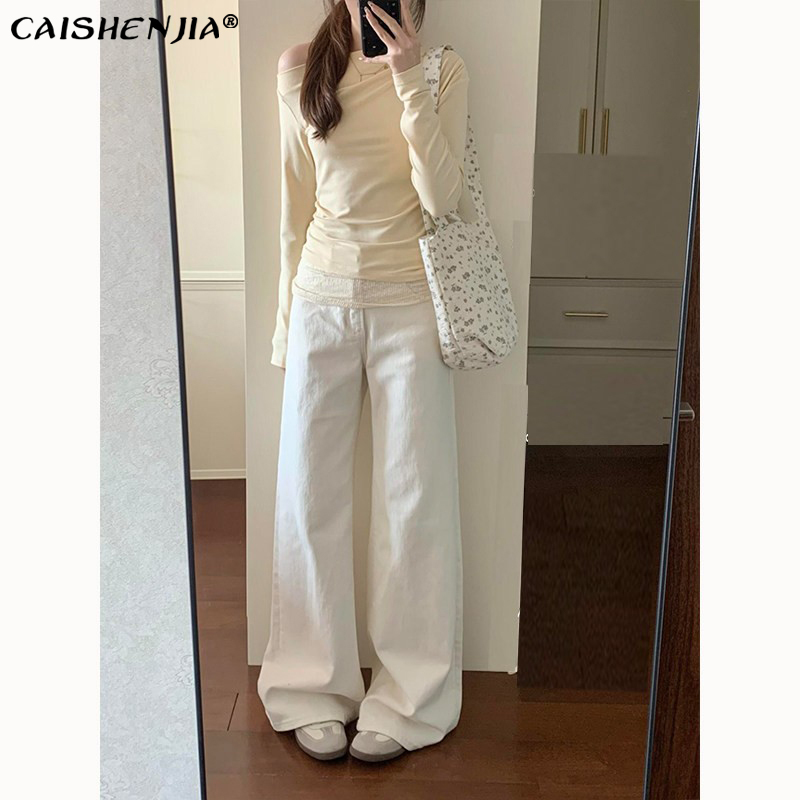 White Straight-Leg Jeans for Women, Spring and Summer High-Waisted Loose Denim Wide-Leg Pants, Straight-Cut Slimming White Pants for Women